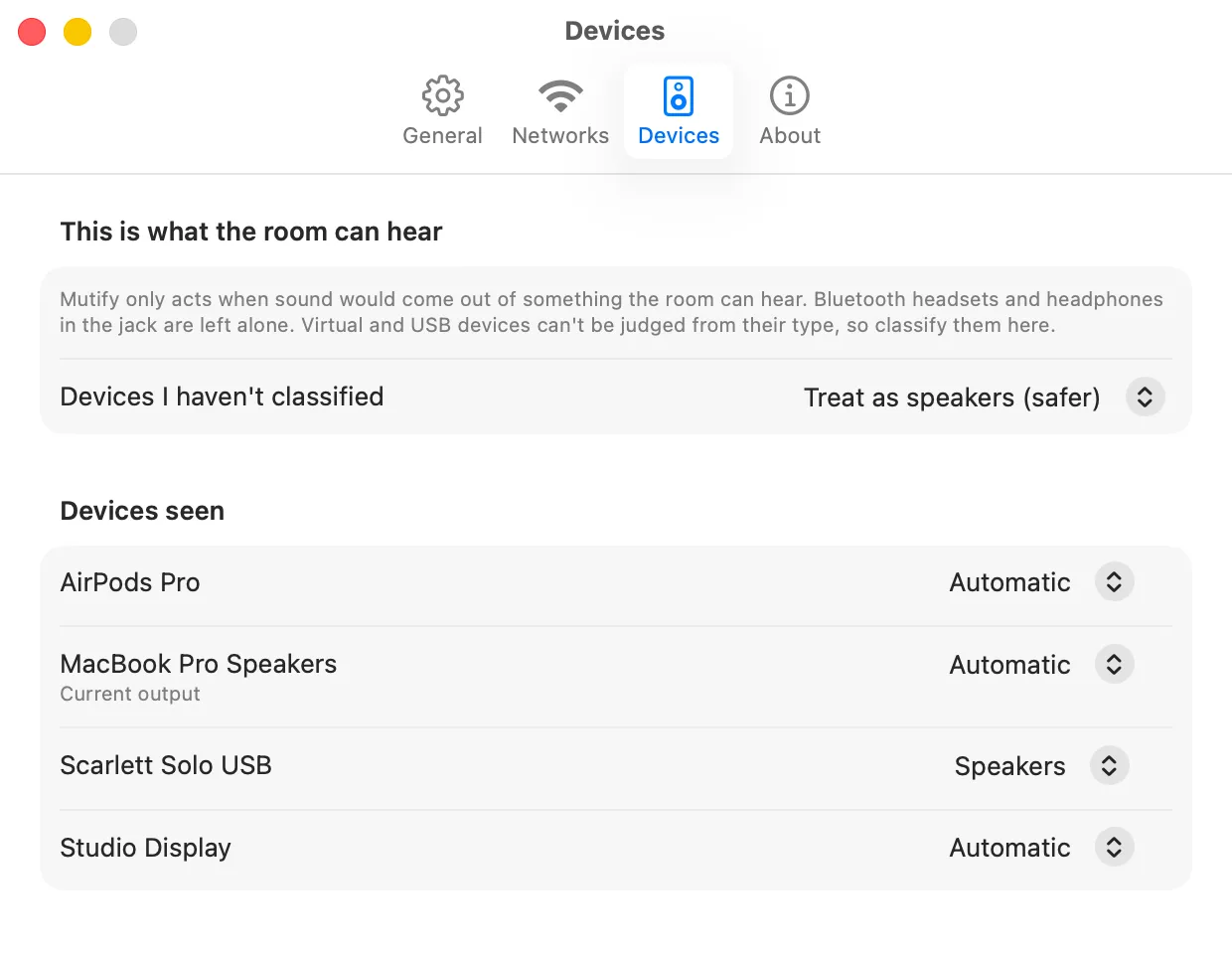 Mutify's Devices tab listing AirPods Pro, MacBook Pro Speakers, a Scarlett Solo USB interface and a Studio Display, each set to Automatic or Speakers.